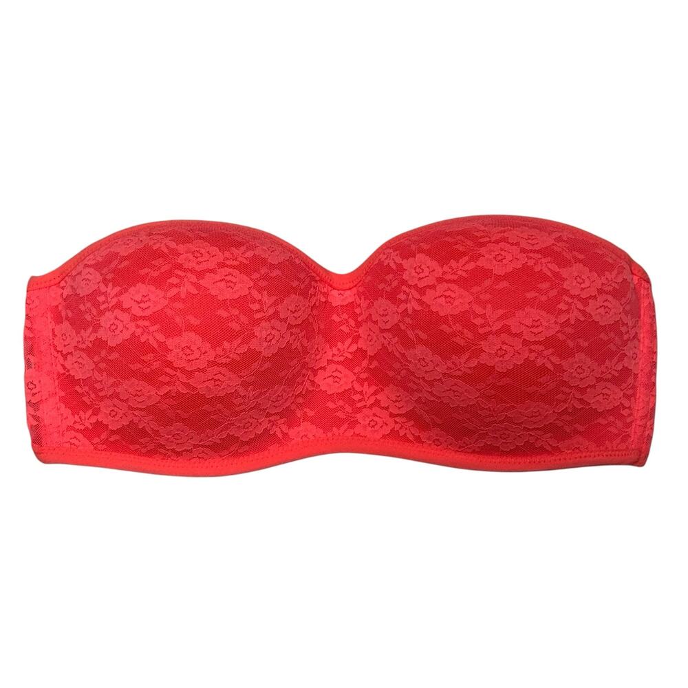 Victoria's Secret Pink Lace Push-Up Bandeau Bra Fluorescent Pink Large